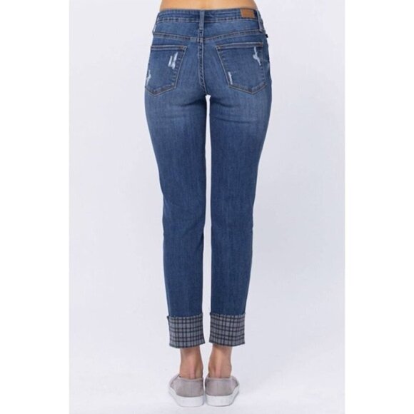 Judy Blue Plaid Cuffed Slim Fit Jean size 26 stretch classic medium wash jeans - Picture 2 of 16